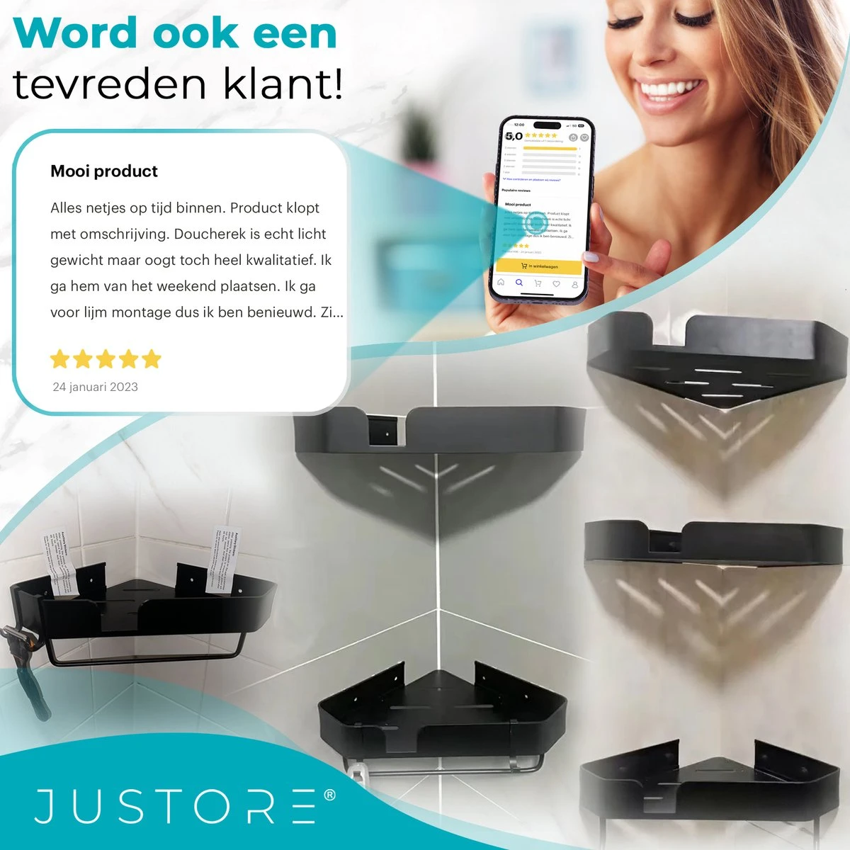 Luxe Doucherek Zonder Boren – 1/2/3 Laags – 32 Cm – Hangend – Aluminium – Zwart 15 Luxe Doucherek Zonder Boren – 1/2/3 Laags – 32 Cm – Hangend – Aluminium – Zwart - Afbeelding 13