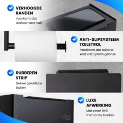 Toiletrolhouder Met Plankje En Bakje - WC Rolhouder Zwart - Opbergvak - Zelfklevend - Zonder Boren - RVS -Badkamer Product Winkel 1200x1200 234