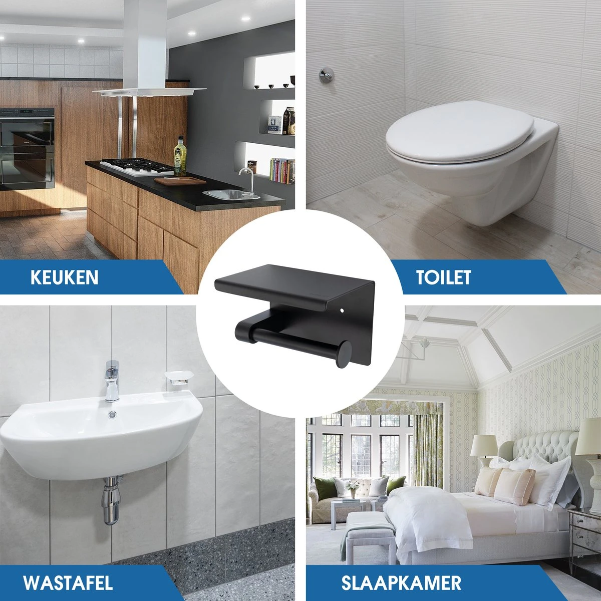 Toiletrolhouder Met Telefoonhouder - Zelfklevend / Boren / Zonder Boren - Incl. Handdoekhaakjes - WC Rolhouder - Zwart 8 Toiletrolhouder Met Telefoonhouder - Zelfklevend / Boren / Zonder Boren - Incl. Handdoekhaakjes - WC Rolhouder - Zwart - Afbeelding 6
