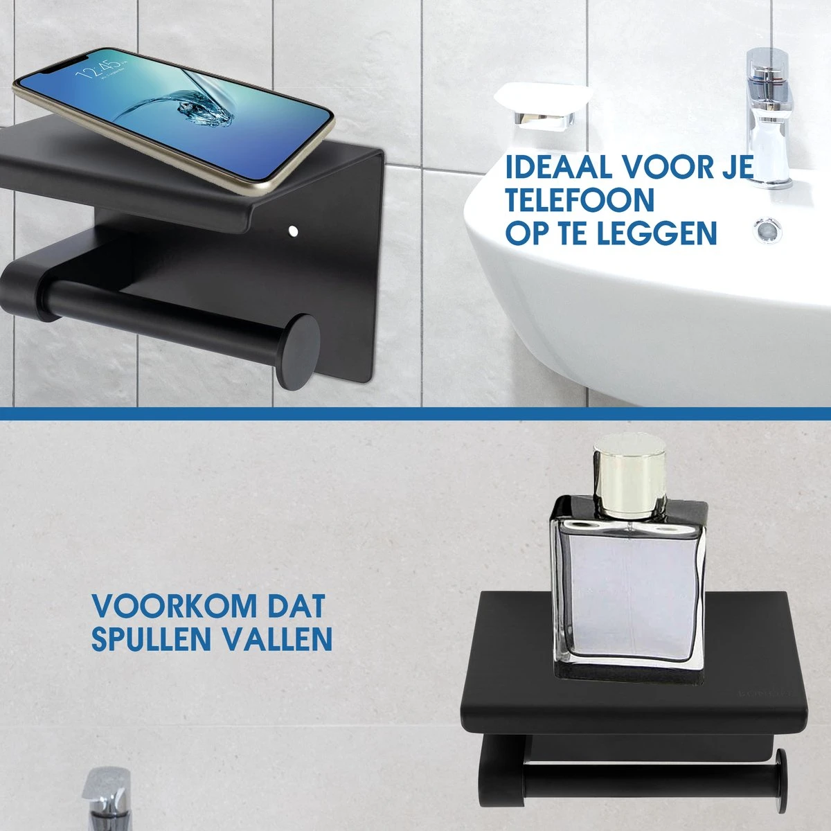 Toiletrolhouder Met Telefoonhouder - Zelfklevend / Boren / Zonder Boren - Incl. Handdoekhaakjes - WC Rolhouder - Zwart 10 Toiletrolhouder Met Telefoonhouder - Zelfklevend / Boren / Zonder Boren - Incl. Handdoekhaakjes - WC Rolhouder - Zwart - Afbeelding 8