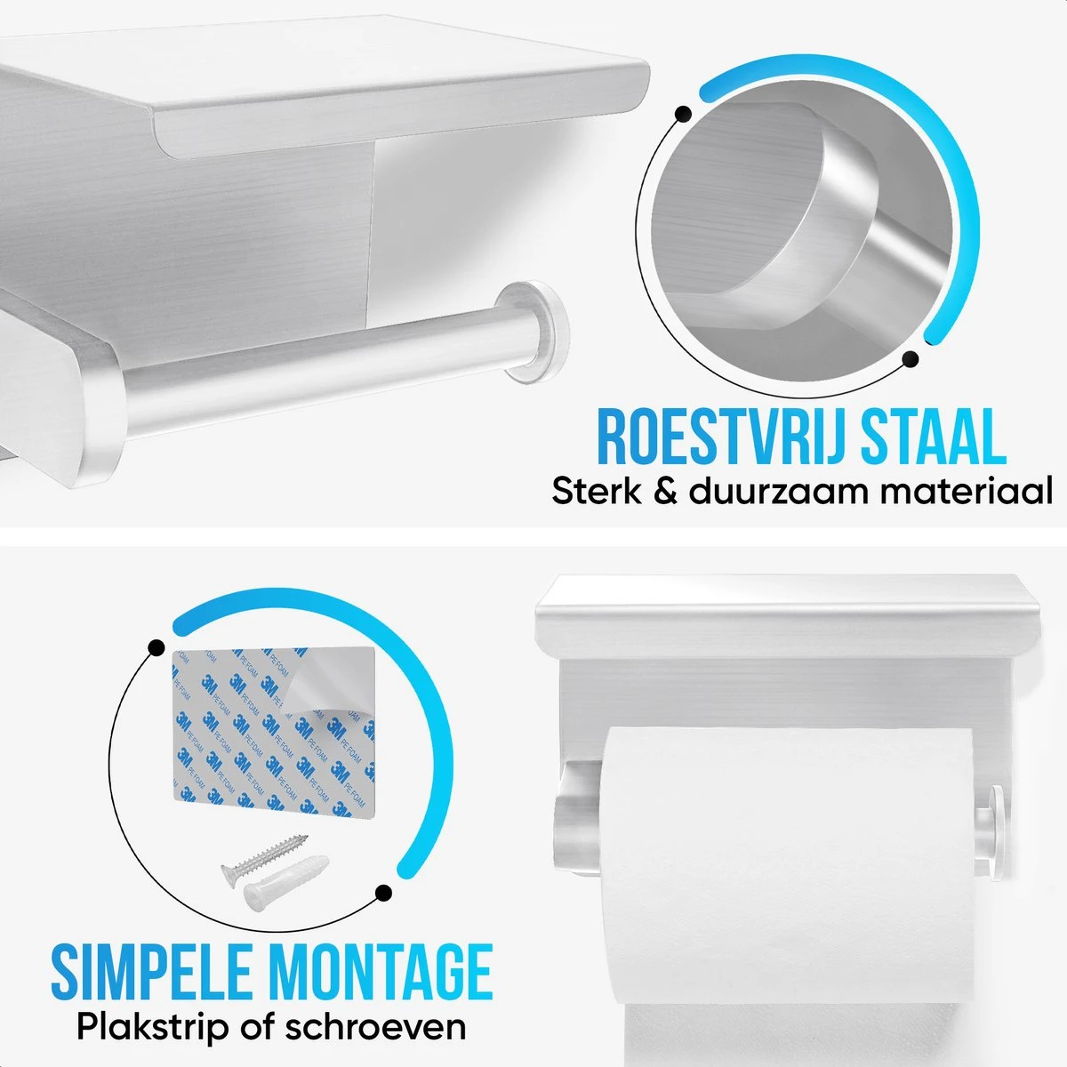 Strex WC Rolhouder Met Plankje - Zilver - Zelfklevend / Boren / Zonder Boren - Toiletrolhouder - WC Papier Houder 4 Strex WC Rolhouder Met Plankje - Zilver - Zelfklevend / Boren / Zonder Boren - Toiletrolhouder - WC Papier Houder - Afbeelding 2