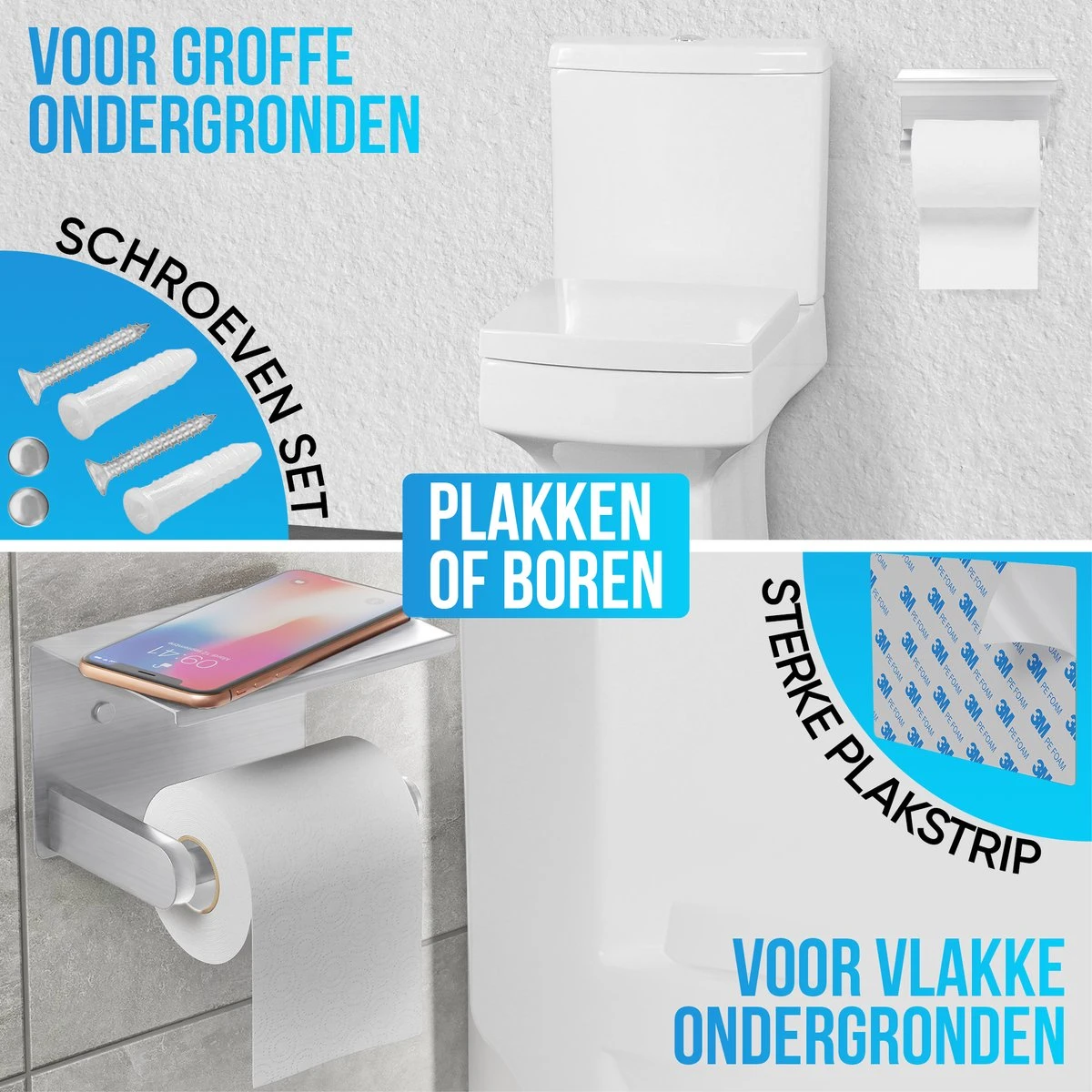 Strex WC Rolhouder Met Plankje - Zilver - Zelfklevend / Boren / Zonder Boren - Toiletrolhouder - WC Papier Houder 5 Strex WC Rolhouder Met Plankje - Zilver - Zelfklevend / Boren / Zonder Boren - Toiletrolhouder - WC Papier Houder - Afbeelding 3