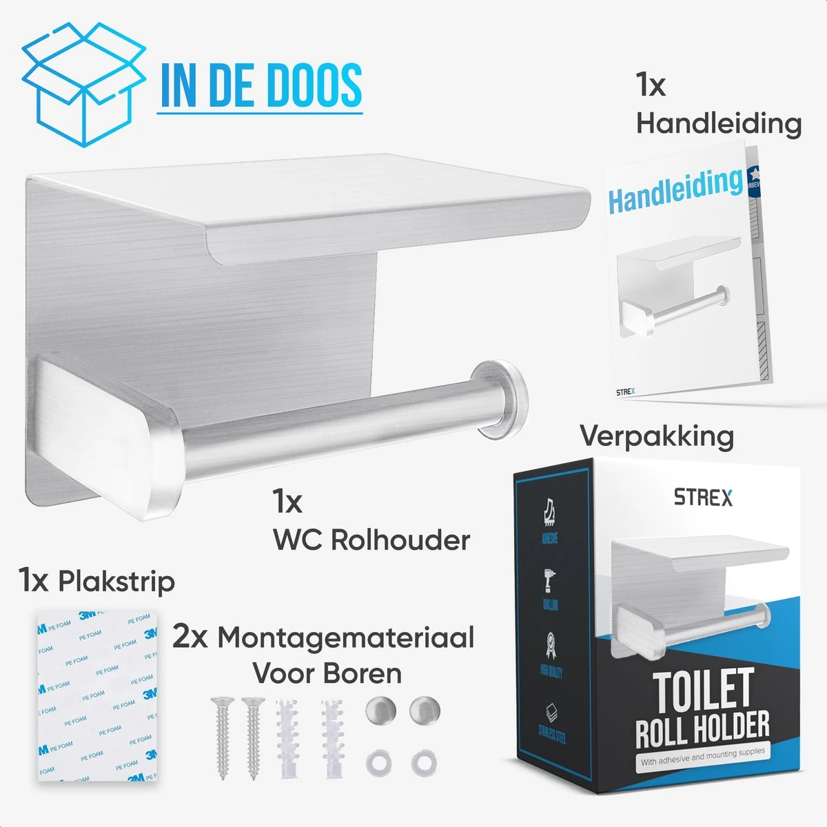 Strex WC Rolhouder Met Plankje - Zilver - Zelfklevend / Boren / Zonder Boren - Toiletrolhouder - WC Papier Houder 10 Strex WC Rolhouder Met Plankje - Zilver - Zelfklevend / Boren / Zonder Boren - Toiletrolhouder - WC Papier Houder - Afbeelding 8