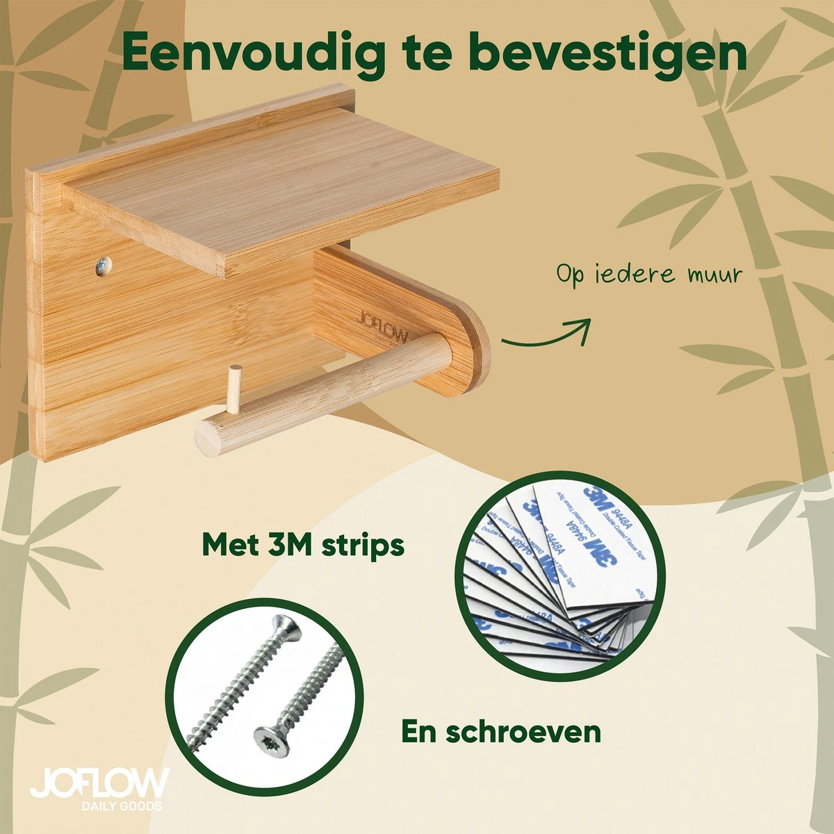 JoFlow® Toiletrolhouder Met Plankje | Wc Rolhouder Staand | Bamboe Badkamer Accessoires | Montage Met Schroeven En/of 3M Plakstrips 6 JoFlow® Toiletrolhouder Met Plankje | Wc Rolhouder Staand | Bamboe Badkamer Accessoires | Montage Met Schroeven En/of 3M Plakstrips - Afbeelding 4