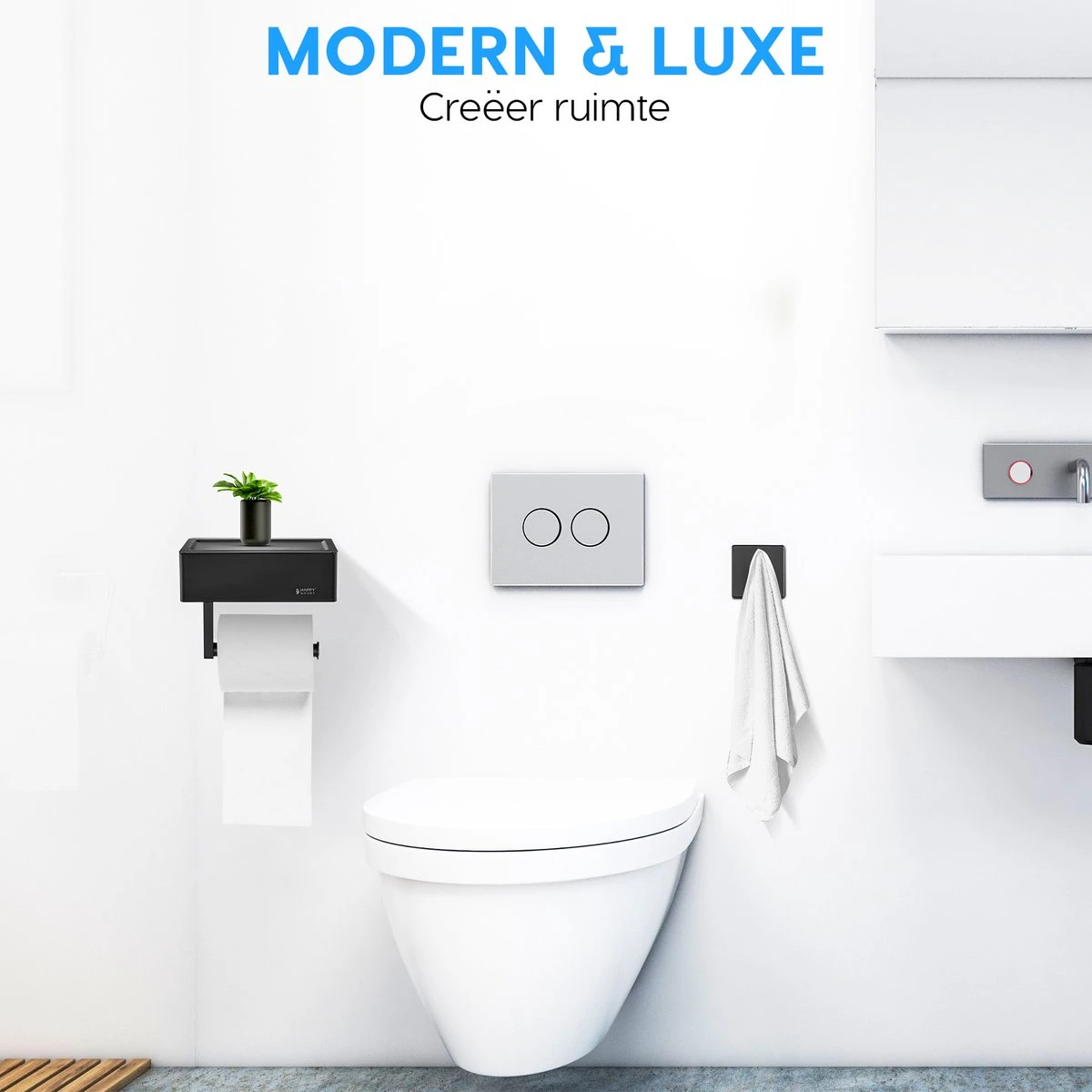 Happy Goods - WC Rolhouder Zonder Boren Zwart - Toiletrolhouder Met Plankje En Bakje RVS - Met Handdoekhaakje 3 Happy Goods - WC Rolhouder Zonder Boren Zwart - Toiletrolhouder Met Plankje En Bakje RVS - Met Handdoekhaakje - Afbeelding 2