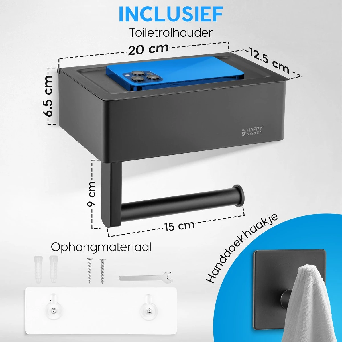 Happy Goods - WC Rolhouder Zonder Boren Zwart - Toiletrolhouder Met Plankje En Bakje RVS - Met Handdoekhaakje 4 Happy Goods - WC Rolhouder Zonder Boren Zwart - Toiletrolhouder Met Plankje En Bakje RVS - Met Handdoekhaakje - Afbeelding 3