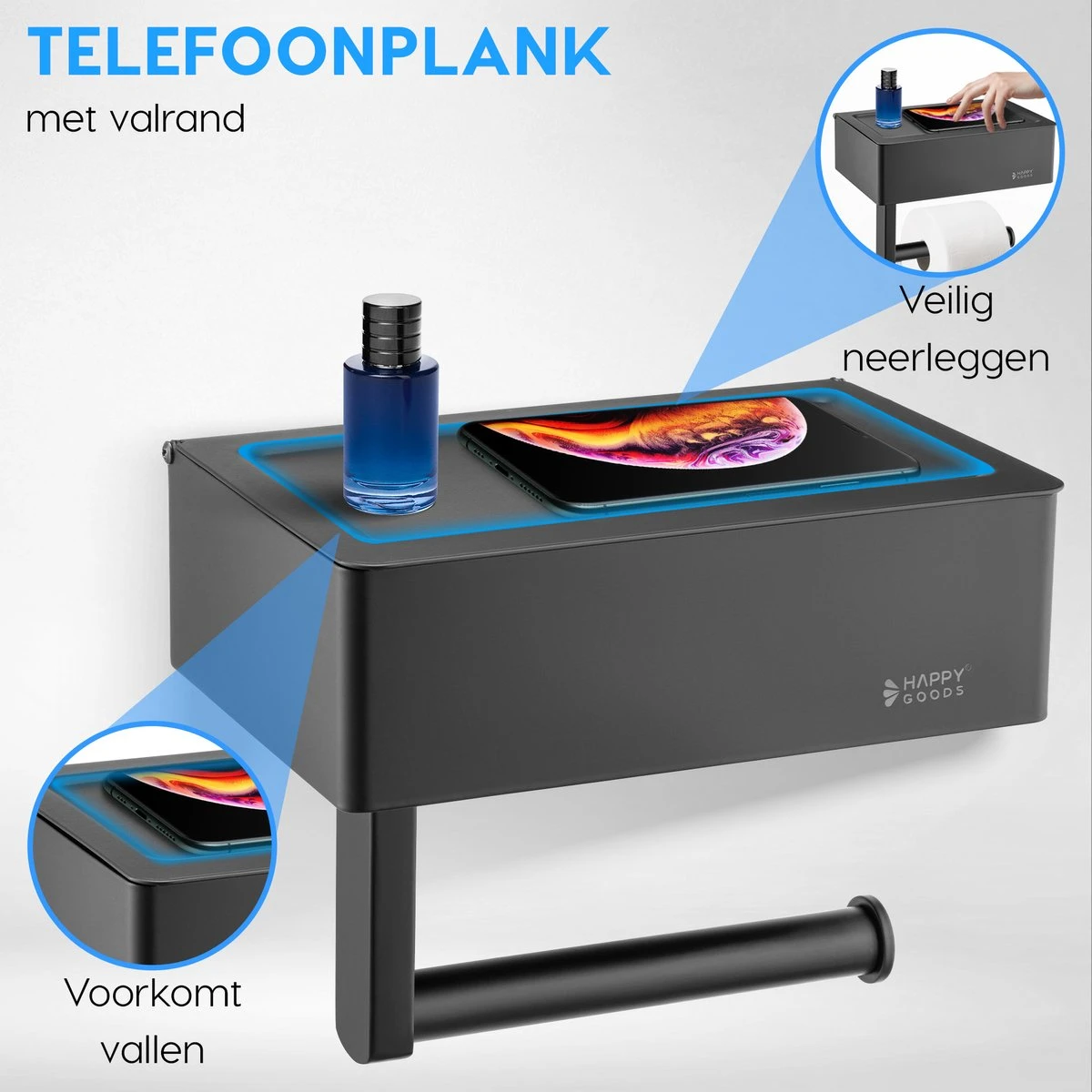 Happy Goods - WC Rolhouder Zonder Boren Zwart - Toiletrolhouder Met Plankje En Bakje RVS - Met Handdoekhaakje 5 Happy Goods - WC Rolhouder Zonder Boren Zwart - Toiletrolhouder Met Plankje En Bakje RVS - Met Handdoekhaakje - Afbeelding 4