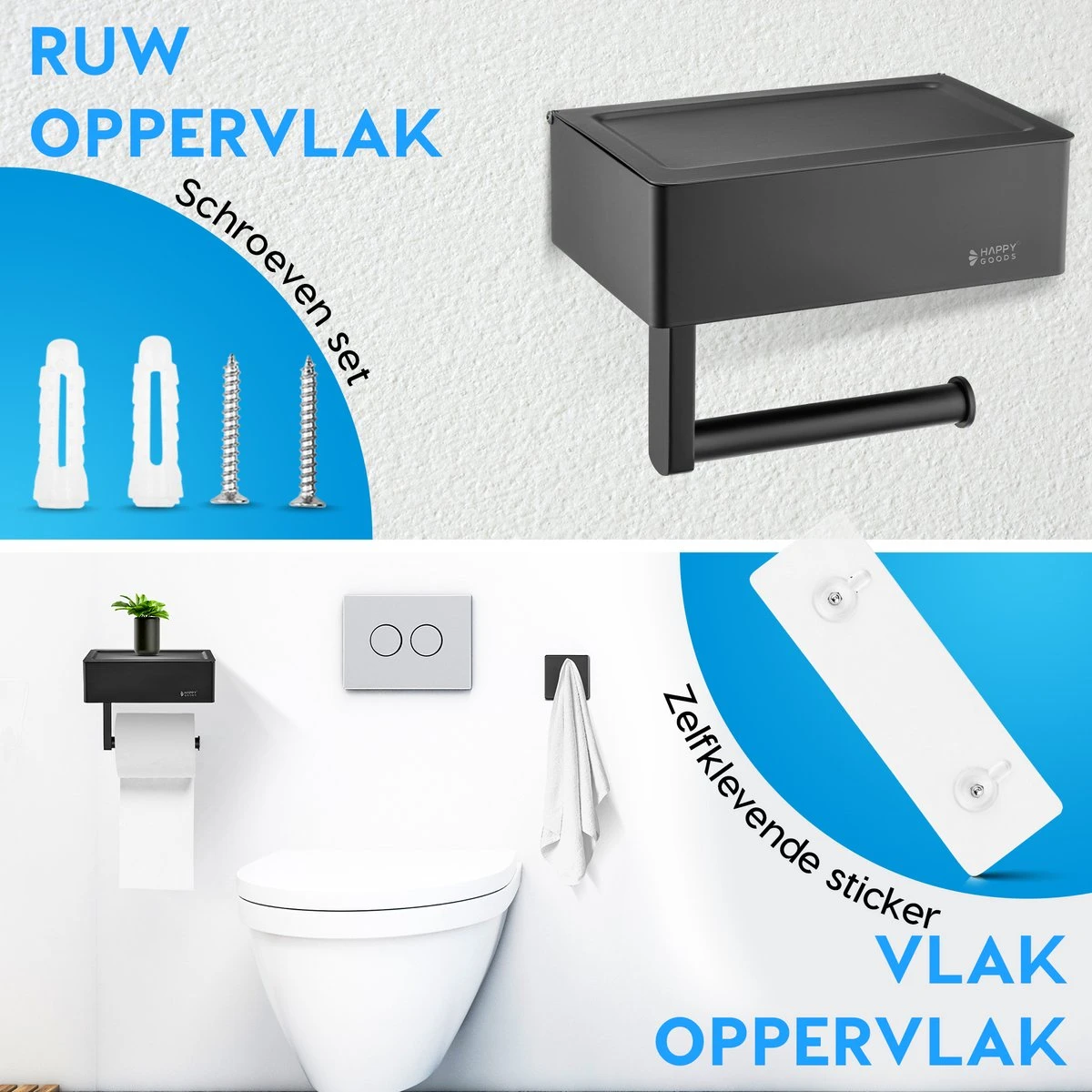Happy Goods - WC Rolhouder Zonder Boren Zwart - Toiletrolhouder Met Plankje En Bakje RVS - Met Handdoekhaakje 7 Happy Goods - WC Rolhouder Zonder Boren Zwart - Toiletrolhouder Met Plankje En Bakje RVS - Met Handdoekhaakje - Afbeelding 6