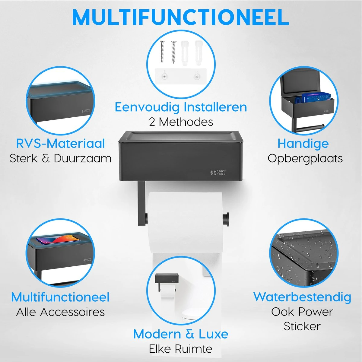 Happy Goods - WC Rolhouder Zonder Boren Zwart - Toiletrolhouder Met Plankje En Bakje RVS - Met Handdoekhaakje 8 Happy Goods - WC Rolhouder Zonder Boren Zwart - Toiletrolhouder Met Plankje En Bakje RVS - Met Handdoekhaakje - Afbeelding 7