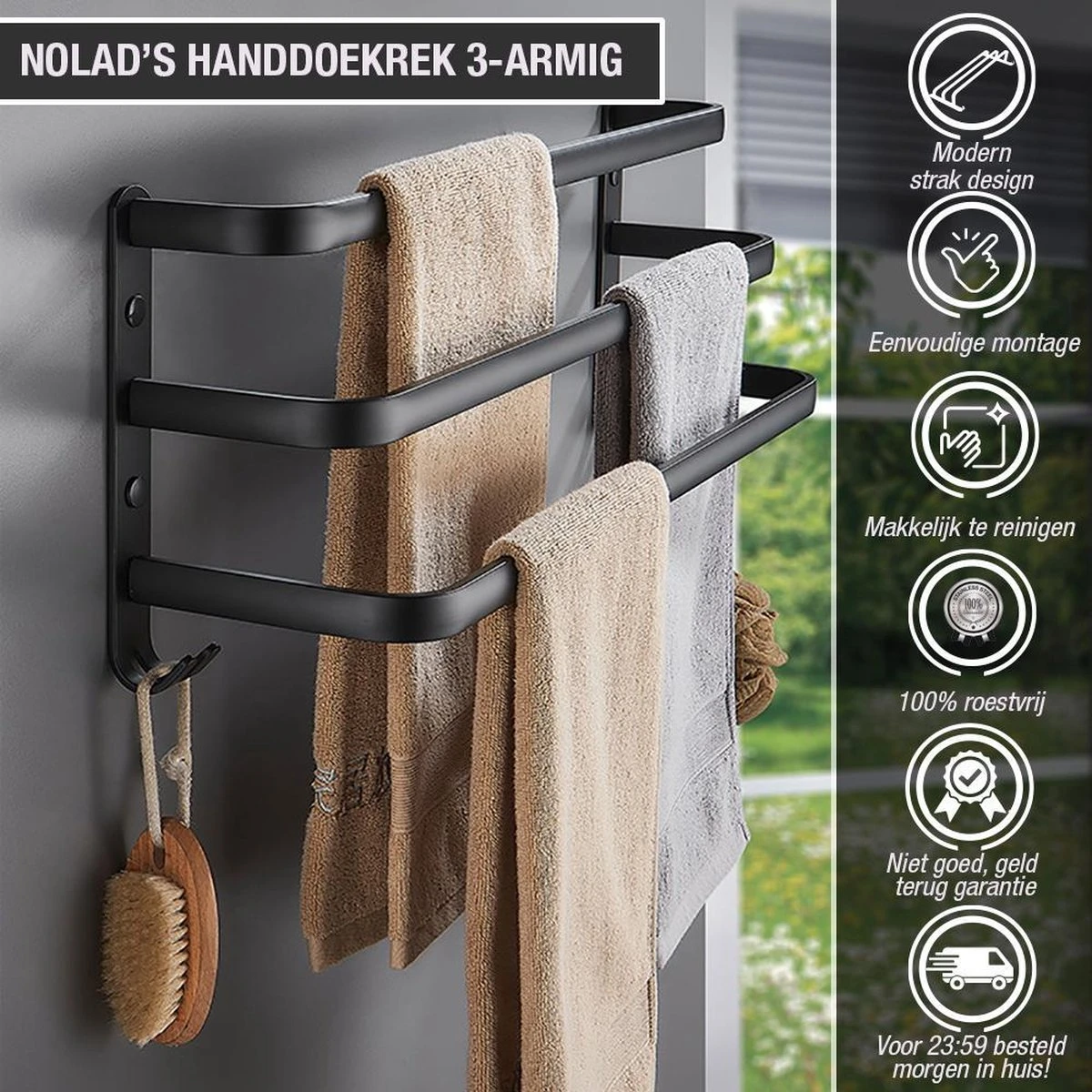 Nolad® Handdoekrek 3-armig - Handdoekhouder - Handdoekenrek - Zwart 8 Nolad® Handdoekrek 3-armig - Handdoekhouder - Handdoekenrek - Zwart - Afbeelding 6