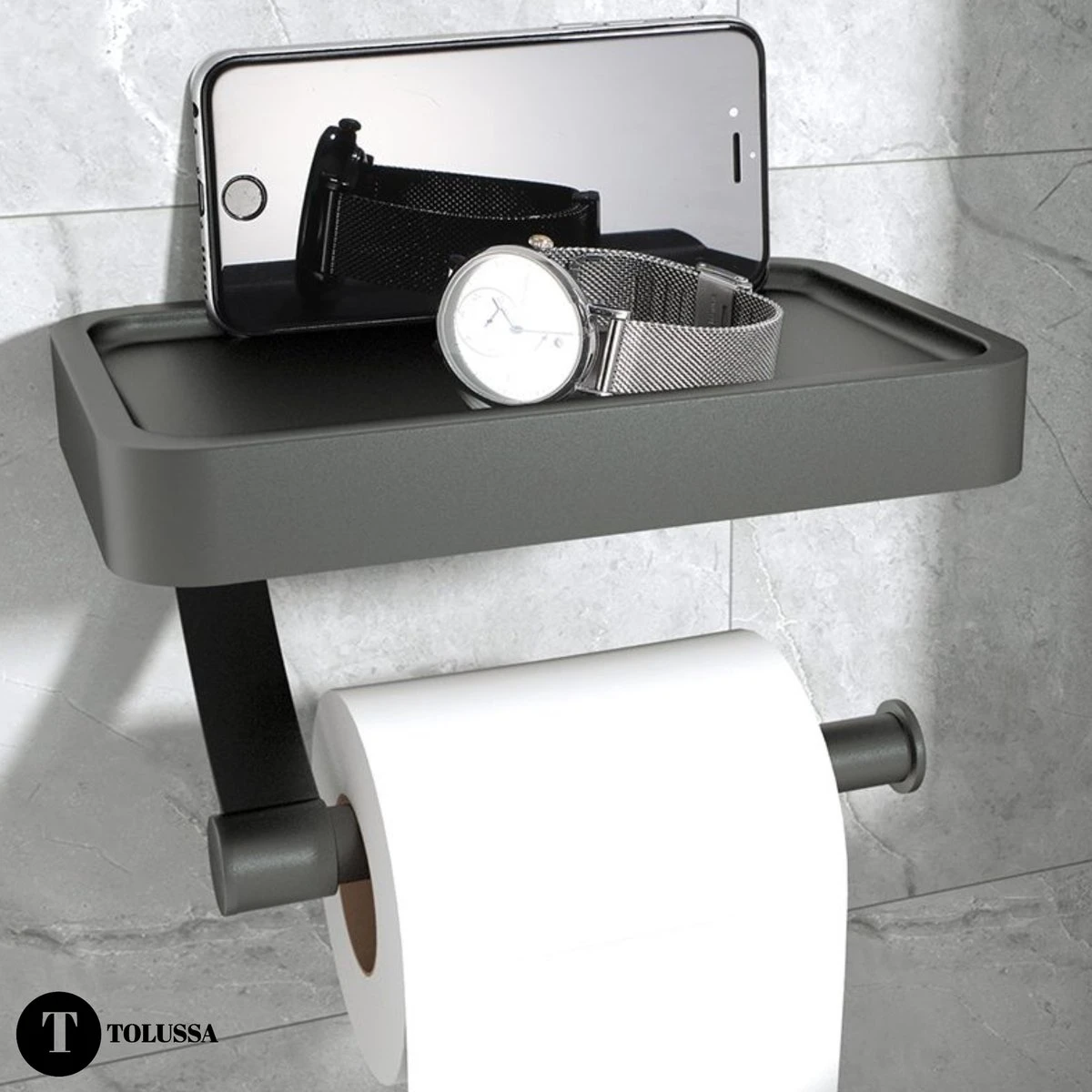 Tolussa Premium WC Rolhouder Zwart Met Plankje - Toiletrolhouder Zwart Met Plankje - Met En Zonder Boren 6 Tolussa Premium WC Rolhouder Zwart Met Plankje - Toiletrolhouder Zwart Met Plankje - Met En Zonder Boren - Afbeelding 4