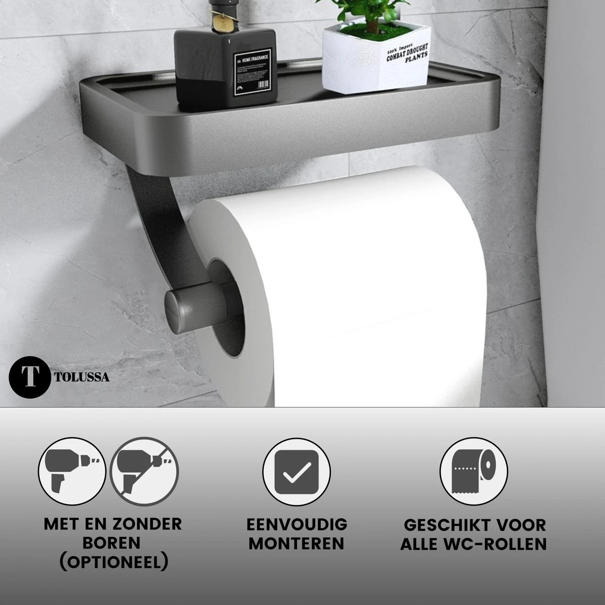 Tolussa Premium WC Rolhouder Zwart Met Plankje - Toiletrolhouder Zwart Met Plankje - Met En Zonder Boren 10 Tolussa Premium WC Rolhouder Zwart Met Plankje - Toiletrolhouder Zwart Met Plankje - Met En Zonder Boren - Afbeelding 8