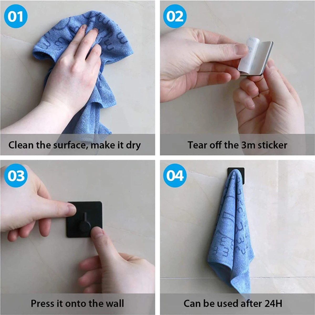 Merkloos Roestvrijstalen Handdoekhaakjes | 3M™ Zelfklevend | 4 Stuks | Mat Zwart | Wandhaak | Ophanghaken | Plakhaakjes | Haakjes | Badkamer | Keuken | RVS 7 Merkloos Roestvrijstalen Handdoekhaakjes | 3M™ Zelfklevend | 4 Stuks | Mat Zwart | Wandhaak | Ophanghaken | Plakhaakjes | Haakjes | Badkamer | Keuken | RVS - Afbeelding 5