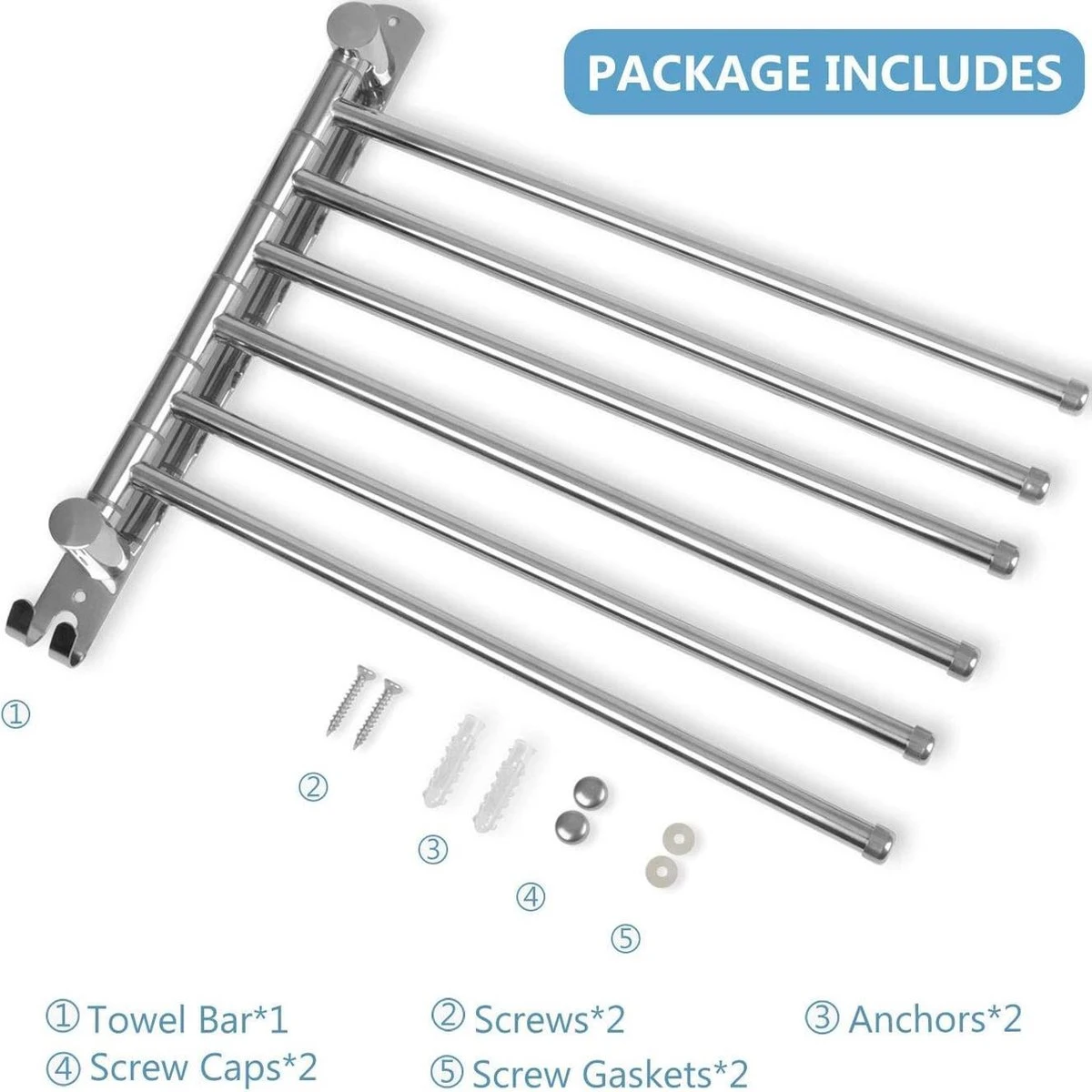 Handdokenrek Badkamer - Handdoekhouder RVS 180° Draaibare Badhanddoekhouder Met 6 Armen Zwenkarm Handdoekenrek Wandmontage Met Haken Badkamerhanddoekhouders Voor Badkamer, Keuken En Kledingkast - (WK 02123) 4 Handdokenrek Badkamer - Handdoekhouder RVS 180° Draaibare Badhanddoekhouder Met 6 Armen Zwenkarm Handdoekenrek Wandmontage Met Haken Badkamerhanddoekhouders Voor Badkamer, Keuken En Kledingkast - (WK 02123) - Afbeelding 2