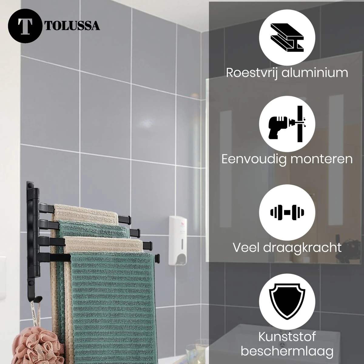 Tolussa Handdoekrek Badkamer Zwart - 30 CM - Handdoekhouder Zwart - Handdoekenrek Badkamer - Draaibaar 12 Tolussa Handdoekrek Badkamer Zwart - 30 CM - Handdoekhouder Zwart - Handdoekenrek Badkamer - Draaibaar - Afbeelding 10