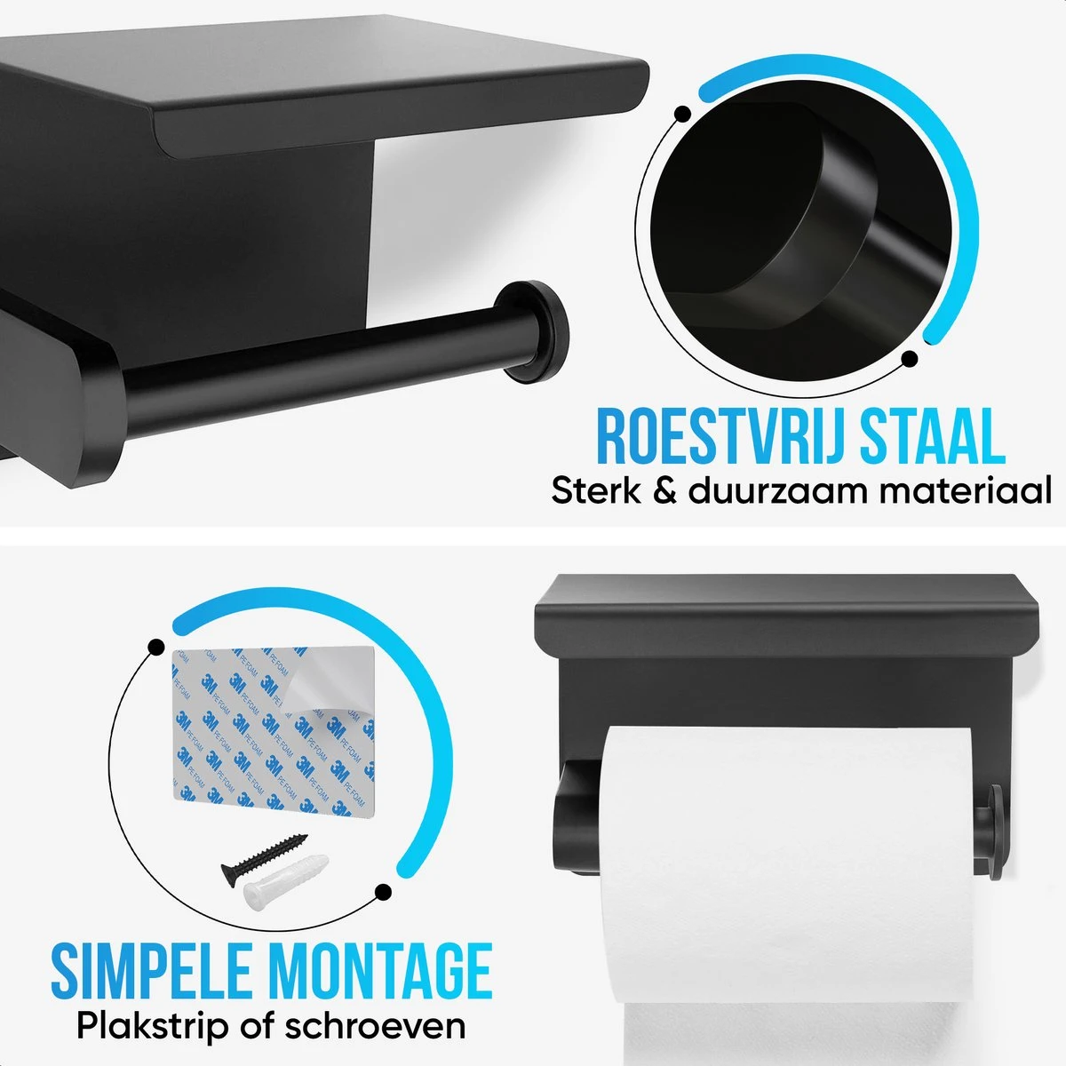 Strex WC Rolhouder Met Plankje - Zwart - Zelfklevend / Boren / Zonder Boren - Toiletrolhouder - WC Papier Houder 3 Strex WC Rolhouder Met Plankje - Zwart - Zelfklevend / Boren / Zonder Boren - Toiletrolhouder - WC Papier Houder - Afbeelding 2