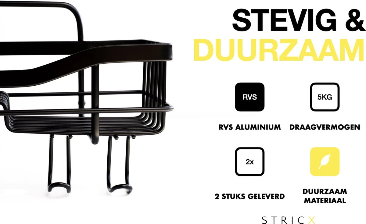 STRICX Doucherek 2 Laags Zwart - Zelfklevend Doucherek Inclusief 3 Ophanghaakjes - Doucherek Voor Badkamer / Keuken - Doucherek Met Plakstrip - Keukenrek Met Plakstrip - Badrek Douche - Kruidenrek Specerijen - Badkamerrek Douchemandje 7 STRICX Doucherek 2 Laags Zwart - Zelfklevend Doucherek Inclusief 3 Ophanghaakjes - Doucherek Voor Badkamer / Keuken - Doucherek Met Plakstrip - Keukenrek Met Plakstrip - Badrek Douche - Kruidenrek Specerijen - Badkamerrek Douchemandje - Afbeelding 5