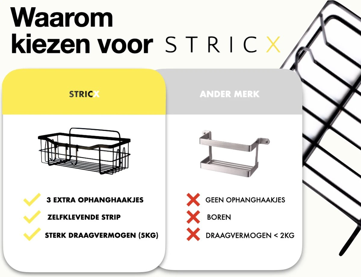 STRICX Doucherek 2 Laags Zwart - Zelfklevend Doucherek Inclusief 3 Ophanghaakjes - Doucherek Voor Badkamer / Keuken - Doucherek Met Plakstrip - Keukenrek Met Plakstrip - Badrek Douche - Kruidenrek Specerijen - Badkamerrek Douchemandje 12 STRICX Doucherek 2 Laags Zwart - Zelfklevend Doucherek Inclusief 3 Ophanghaakjes - Doucherek Voor Badkamer / Keuken - Doucherek Met Plakstrip - Keukenrek Met Plakstrip - Badrek Douche - Kruidenrek Specerijen - Badkamerrek Douchemandje - Afbeelding 10