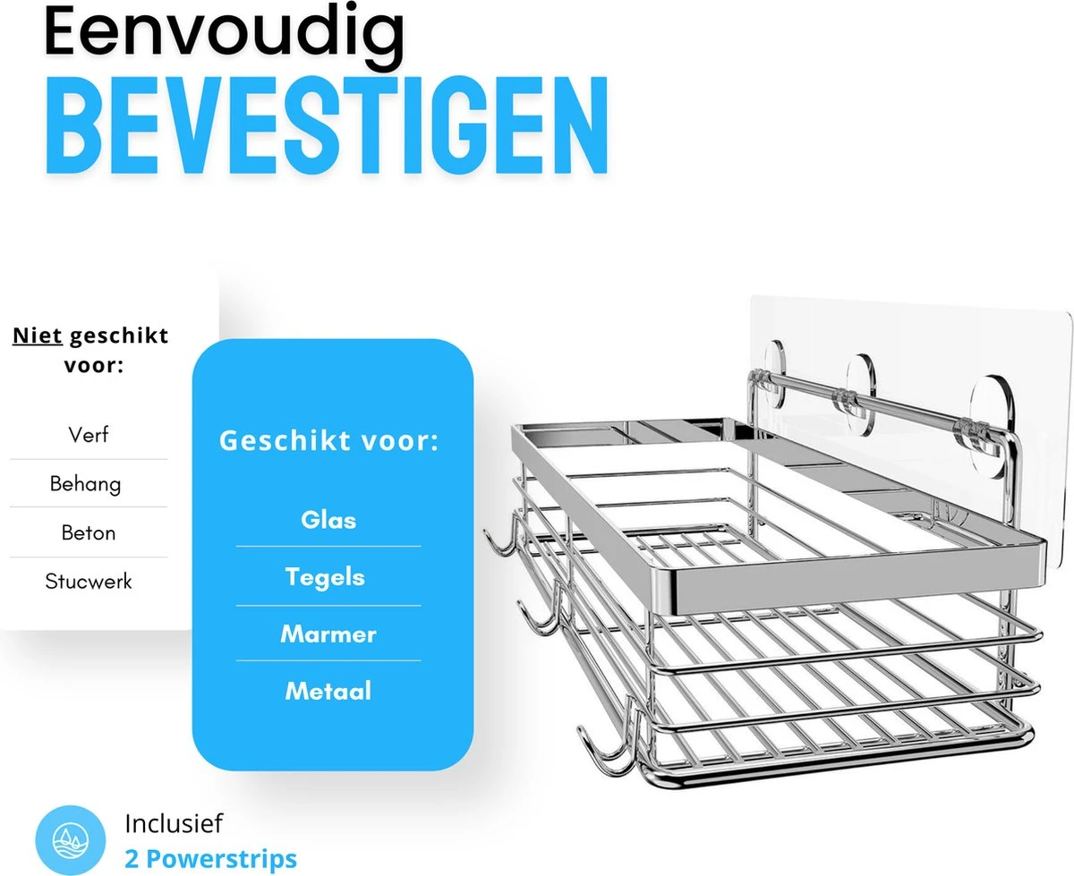 RVS Doucherek Zelfklevend Zonder Boren - Douchemand Hangend - 15KG Draagvermogen - Zilver/Chroom 7 RVS Doucherek Zelfklevend Zonder Boren - Douchemand Hangend - 15KG Draagvermogen - Zilver/Chroom - Afbeelding 5
