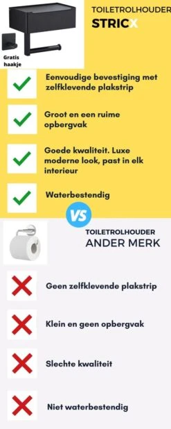STRICX Toiletrolhouder - Zwart - Zonder Boren - Toilet Rol Houder Tissuebox - Zelfklevend - WC Rolhouder Met Opbergvak Voor Babydoekjes - Met Plankje - Toiletaccessoires -Badkamer Product Winkel 480x1200