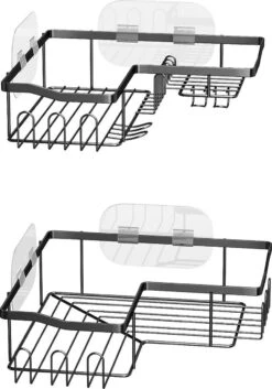 STRICX Doucherekhoek 2 Laags Zwart - Zonder Boren - Zelfklevend Doucherek - Doucherek - Doucherek Voor Badkamer/ Keuken - Doucherek Met Plakstrip - Keukenrek Met Plakstrip - Badrek Douche – Doucherek Hoekvorm - Badkamerrek Douchemandje -Badkamer Product Winkel 839x1200