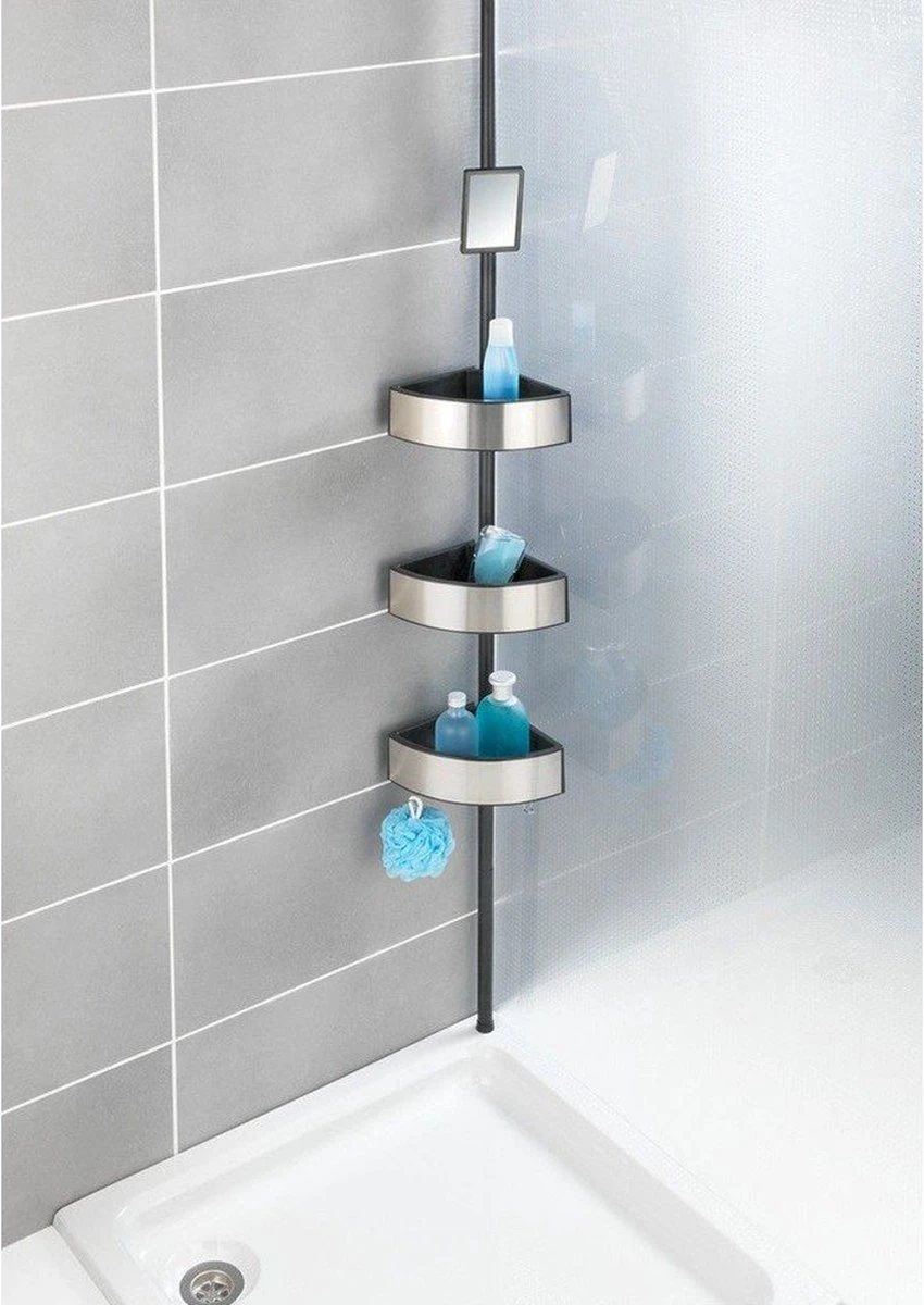 WENKO Telescopisch Doucherek Big Black 3-laags Met Spiegel Zilver/zwart - Bevestigen Zonder Boren 9 WENKO Telescopisch Doucherek Big Black 3-laags Met Spiegel Zilver/zwart - Bevestigen Zonder Boren - Afbeelding 7