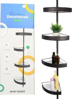 Avint Goods Telescopisch Doucherek Zonder Boren – 4 Laags Badkamerrek Staand – Douche Rek Hoekrek – Zwart -Badkamer Product Winkel 878x1200 2