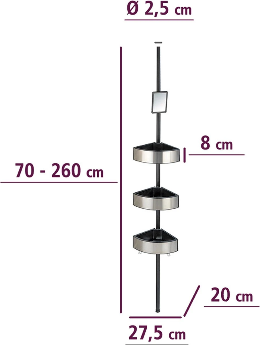 WENKO Telescopisch Doucherek Big Black 3-laags Met Spiegel Zilver/zwart - Bevestigen Zonder Boren 4 WENKO Telescopisch Doucherek Big Black 3-laags Met Spiegel Zilver/zwart - Bevestigen Zonder Boren - Afbeelding 2