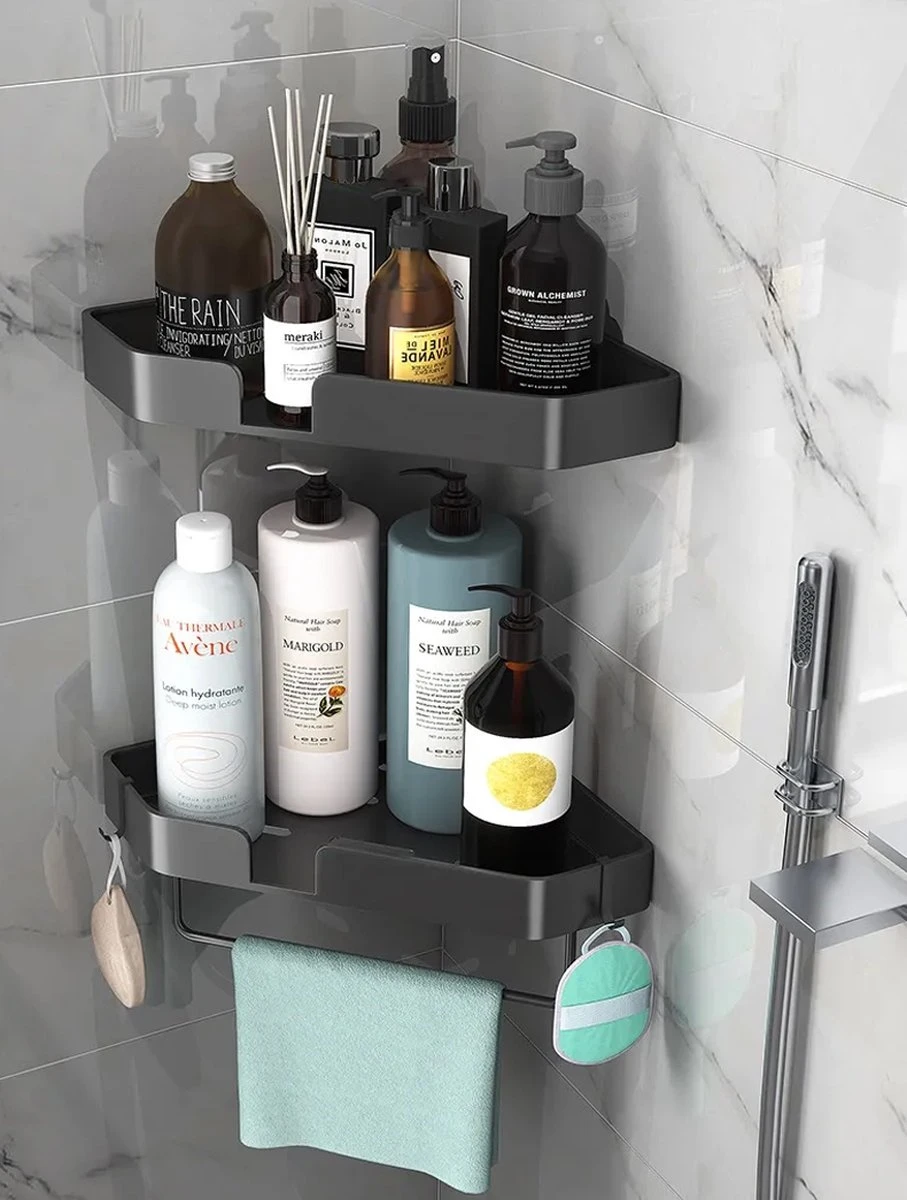 Luxe Doucherek Zonder Boren – 1/2/3 Laags – 32 Cm – Hangend – Aluminium – Zwart 10 Luxe Doucherek Zonder Boren – 1/2/3 Laags – 32 Cm – Hangend – Aluminium – Zwart - Afbeelding 8