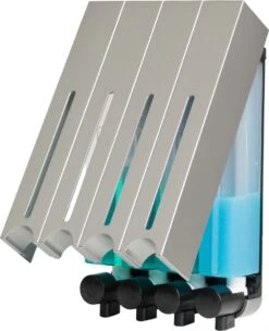 Aquathof, Zeepdispenser, RVS Kleur, 4 Kamer, 4 Reservoirs, 4x500ml, Hangend - Wandmontage -Badkamer Product Winkel 976x1200